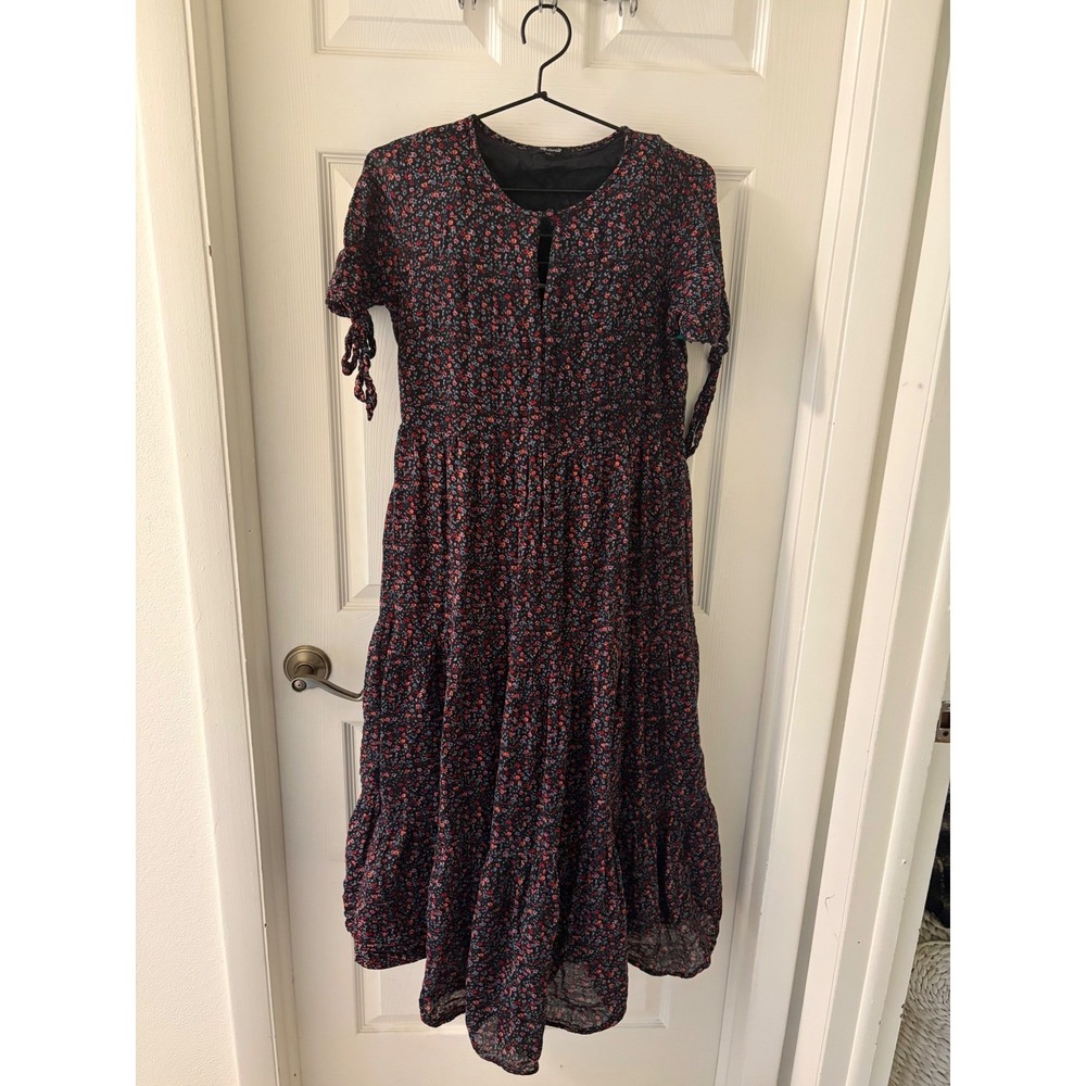 Madewell Womens Small Black Floral Tiered Midi Dress Short Tie Sleeve Keyhole